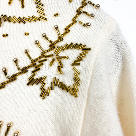 Vintage Lambswool Angora Blend Beaded Fall Leaf Cardigan in Off White - Picture 4 of 12